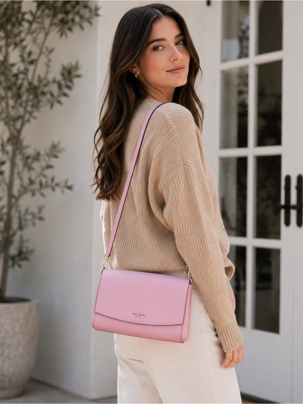 kate spade pink leather crossbody with gold-tone logo